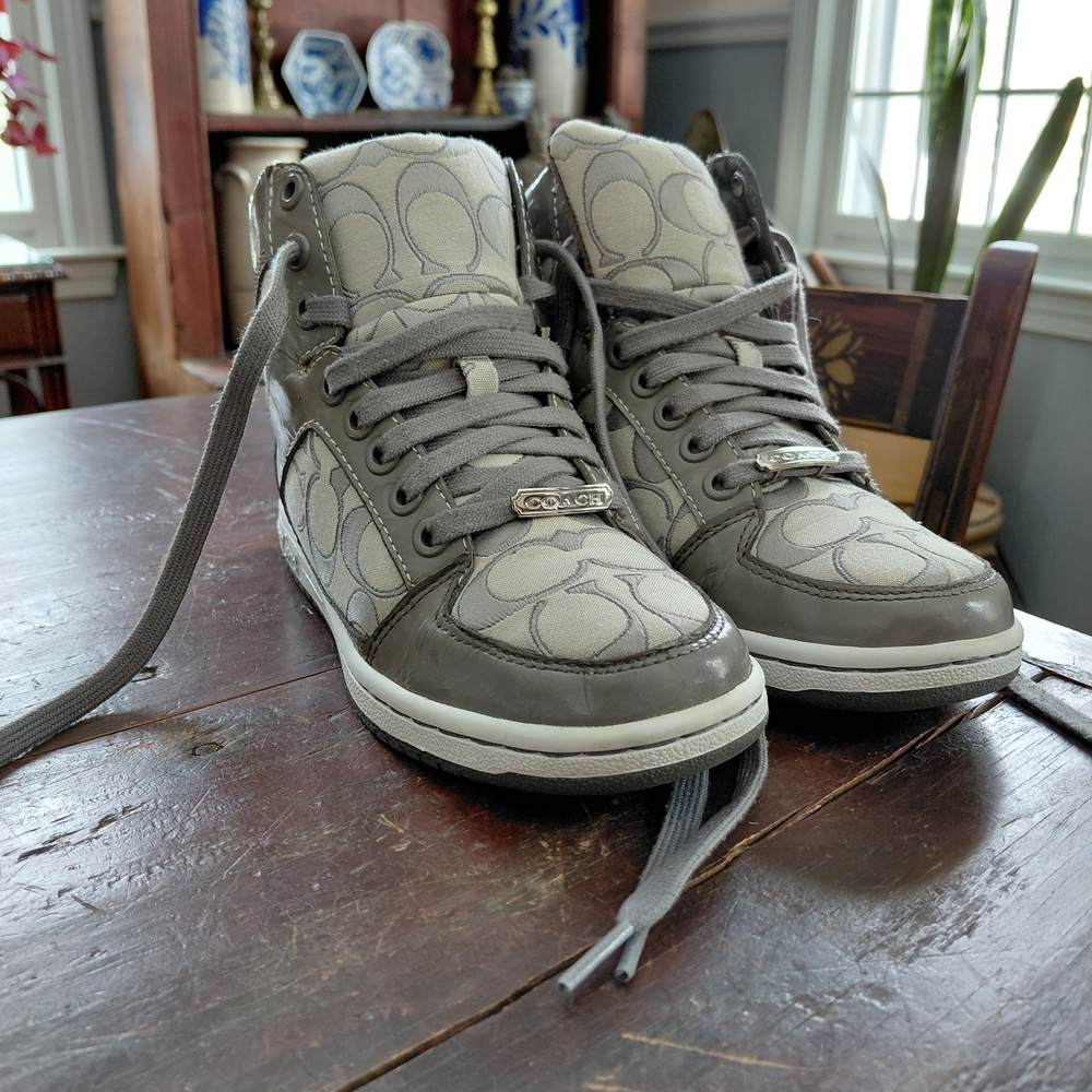 Coach Norra olive gray logo print high top sneakers Womens 5.5 - Picture 1 of 9